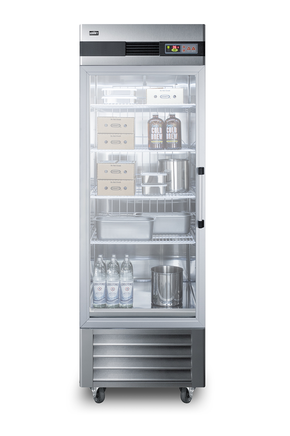 23 cu.ft. commercial reach-in refrigerator in complete stainless steel with glass door and left hand door swing